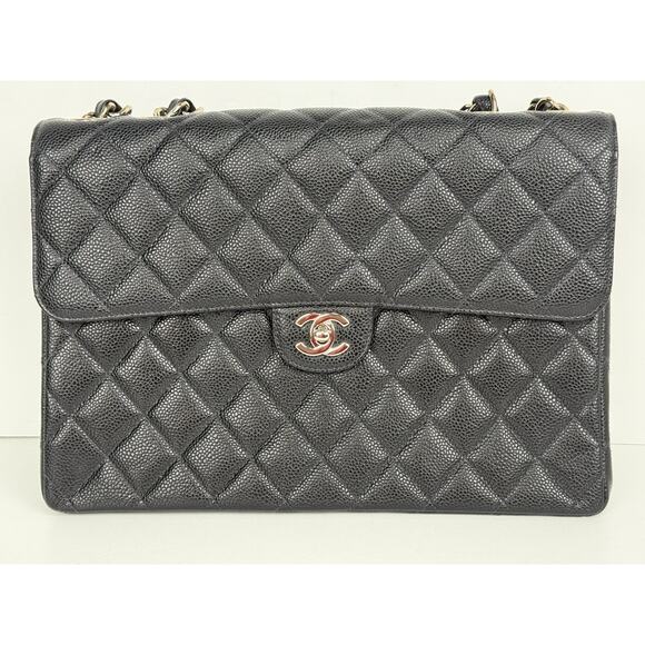 Chanel Jumbo Classic Flap Bag Black Caviar Leather Silver Hardware B-5 - Picture 3 of 16
